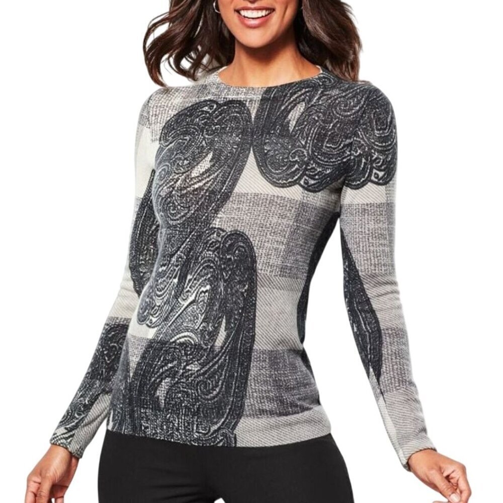 Talbots 100% Cashmere Gray Black Paisley Crewneck Sweater Size Lp